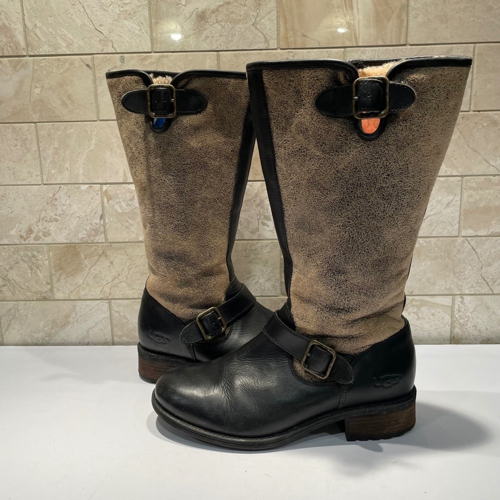 UGG Chancery Black Leather Suede Shearling Tall Riding Boots 1006679 Sheepskin 8